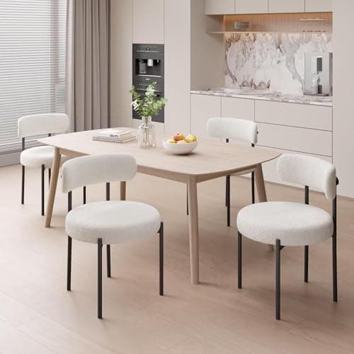 Image of Hawthyhome Dining Chairs Set of 4, Upholstered Teddy Boucle Fabric with Curved Back & Armrest, Modern Side Chairs with Black Metal Legs • White