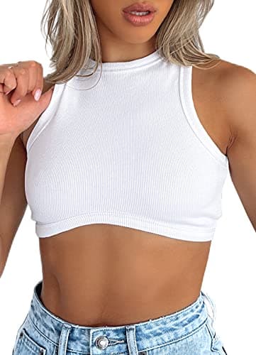Image of Navneet Women Crop Top Sexy Racerback Vest Tops Ribbed Sleeveless Cropped Tank Tops Going Out Top White S