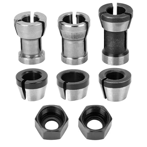Image of QWORK® 6 Pcs Router Collet Chuck Set, Carbon Steel, High Precision Steel Collet Chucks for Woodworking and Engraving Machines, 6mm 6.35mm 8mm with 2 Nuts