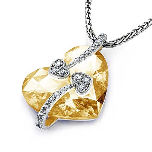 Image of DEPHINI - Heart Necklace - 925 sterling silver Double Hearts Pendant - Cubic Zirconia - Jewellery for Women (Big Yellow)