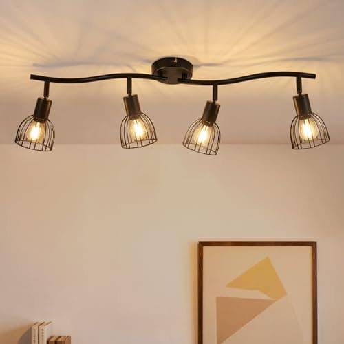 Image of Leselux 4 Way Ceiling Spotlight Bar Adjustable, Metal Wire Cage Spot Light Fittings with E14 Socket, Black Industrial Wall Lights Indoor for Kitchen Bedroom Living Room, Bulb Not Included