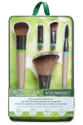 Image of EcoTools Daily Essentials Face Kit Interchangeables Makeup Brush Set with 5 Brushes, 2 Handles, and Storage Tin