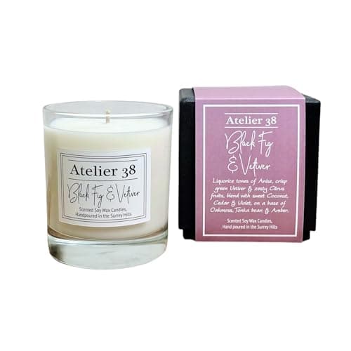 Image of Atelier 38 Black Fig & Vetiver Scented Candle 210g - Luxury Soy Candle, Up to 50 Hour Burn Time, Candle Jar Home Fragrance, Long Burning Candle, Housewarming Gift, Made in Surrey Hills