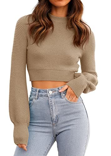 Image of GeGekoko Womens Jumpers Sweatshirt Sexy Crew Neck Cropped Sweaters Ribbed Knit Long Sleeve Crop Tops Pullover Khaki