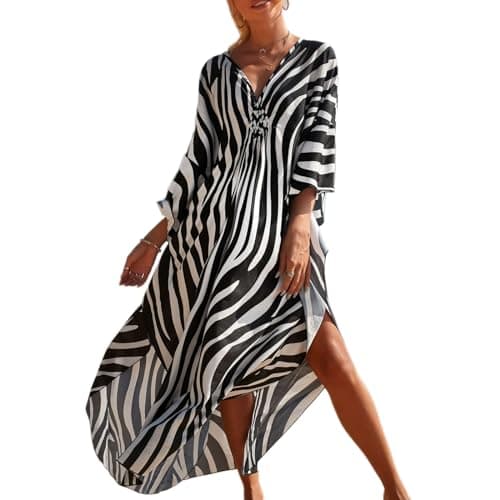 Image of Baynetin Women's Long Tiedye Kaftan Dress, Print Kimono Maxi Beach Boho Party Dress Plus Size Bathing Suit Cover Ups Batwing Sleeve Print Loungewear (Strip)