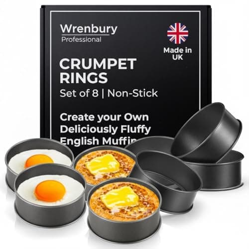 Image of Wrenbury Crumpet Rings Non Stick Set of 8 - Egg Cooking Rings for Frying 9 cm - English Muffin Pancake Moulds for Pastry - Easy to Clean Carbon Steel - Made in England