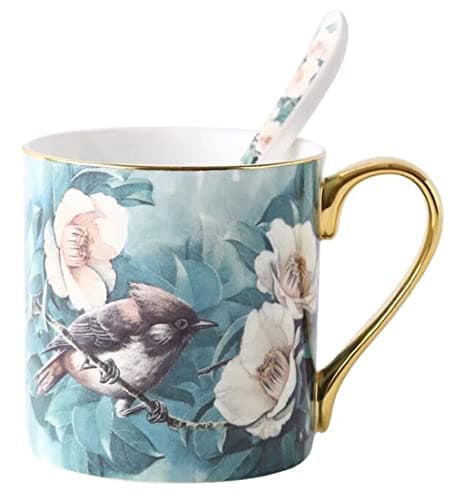 Image of YBK Tech Bone China Porcelain Tea Cup, 12oz Coffee Mug for Home Kitchen Office - Birds Patterns (Turquoise/Green)