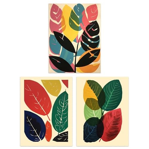 Image of Artery8 Set of 3 A4 Abstract Leaf Artworks Colourful Boho Leaves Graphic Acrylic and Watercolour Unframed Wall Art Living Room Poster Prints Pack