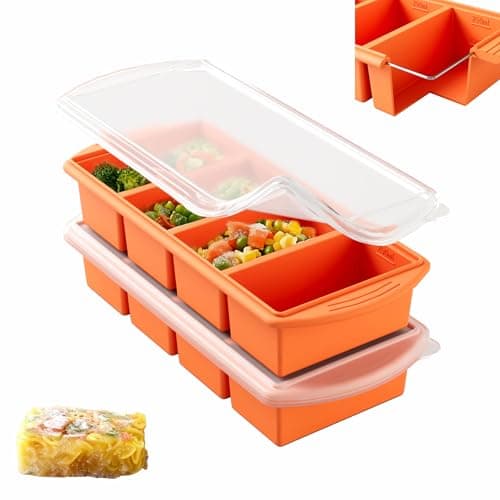 Image of Theuwnee® 2-Pack Silicone Freezer Tray with Lid - Soup Freezer Container molds - Large Ice Cube Tray- Makes 8 Perfect 1 Cup portions Cubes, Freezer Storage Food Soups & Meal Prep (Orange)