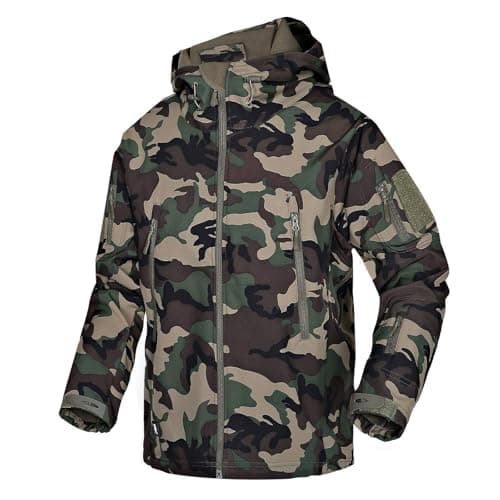 Image of Wisdom Wolf Mens Softshell Waterproof Winter Fleece Lightweight Zip Up Outdoor Military Skiing Hooded Jacket with Multi Pockets (UK, Alpha, XXL, Regular, Regular, Camouflage-Green)