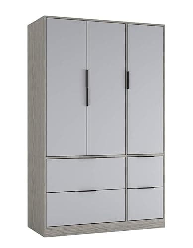Image of URBNLIVING 3 Door Wardrobe with 4 Drawers – Wooden Bedroom Storage Cupboard with Hanging Rail for Clothes - Cedar Grey Unit & Grey Doors & Drawers