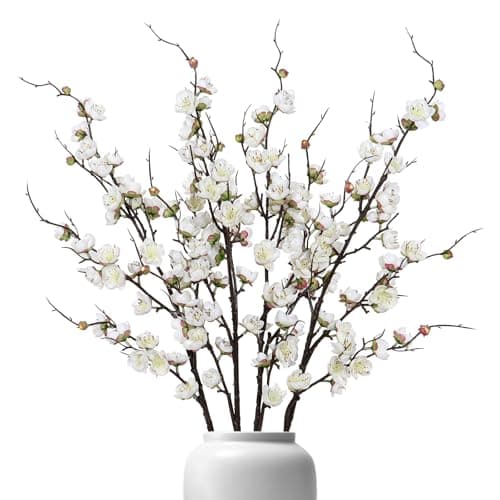 Image of Artificial White Plum Blossom Flowers 4PCS Fake Cherry Blossom Branches 38" Long Artificial Silk Flowers Fake FlowersTree Stems Desk Spring Decoration for Wedding Home Party Table Vase Decor