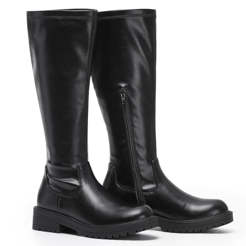 Image of VIVASHOES Women's Black Knee High Flat Riding Boots Stretch – Faux Leather Winter Booties for Women, Slip-Resistant Chunky Sole, Low Heel Comfort Shoes – Stylish Everyday Tall Boots - Black 6
