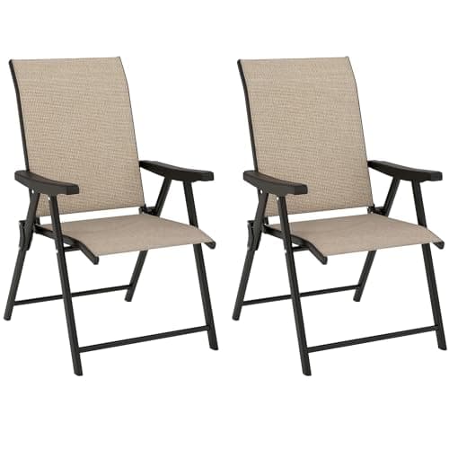 Image of Outsunny Garden Dining Chairs Set of 2, Folding Garden Chairs with All Weather Texteline Back and Seat, Outdoor Dining Chair with Armrests, Steel Frame for Terrace Balcony, Brown