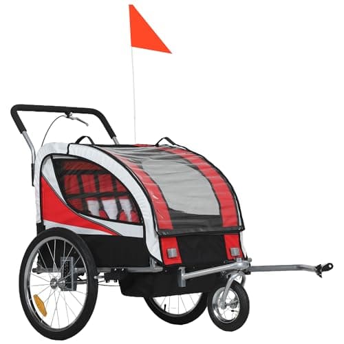 Image of HOMCOM Child Bike Trailer, Baby Bicycle Trailer for 2 Kids with 5 Point Harness, Steel Frame, Reflectors, Safety Flag, Hitch Coupler, Red
