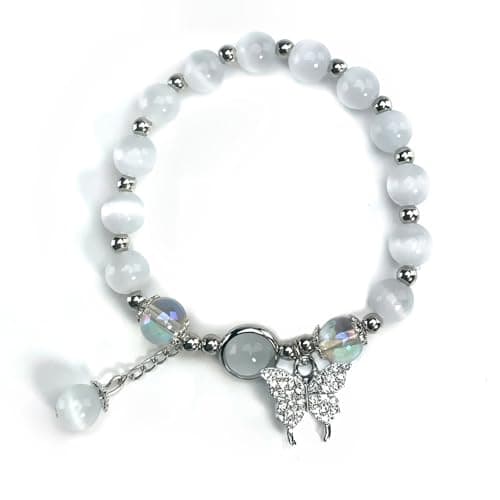 Image of BENIFILE Moon Stone Bracelets, Stretch Star Butterfly Heart Flower Bell Charm Bracelet for Women, Opal Glaze Crystal Beads Bracelets Birthday Jewelry Gifts (Silver Butterfly)