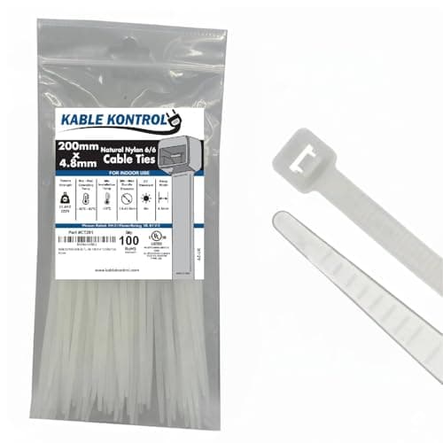 Image of Kable Kontrol Natural White Cable Ties, 200 mm x 4.8 mm, Pack of 100, 8" Premium Nylon Zip Ties, Multi-Purpose Plastic Tie Wraps, Secure Self-Locking Mechanism, for Home, Garden, Office and DIY