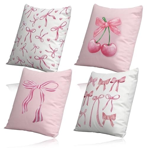 Image of bafeooo 4Pcs Pink Bow Cushion Kit, Bow Pillow White And Pink Pillows Cherry Cushion 45x45cm, Bedroom Accessories Cute Pillows Cute Room Decor Pillowset Suitable for Bedroom, Living Room Sofa
