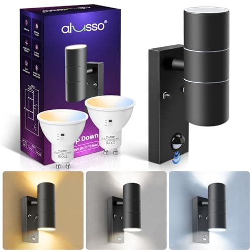 Image of ALUSSO Motion Sensor Outdoor Wall Lights IP65, Stainless Steel Up Down Lights 3000K/4000K/6000K Selectable, 2x 8W GU10 Bulb Included,Outside Security Lights Mains Powered Sconce Wall Mounted for Porch