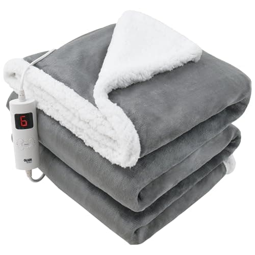 Image of GlamHaus Luxury Electric Heated Throw, Large Reversible Fleece Over Blanket for Sofa or Bed, 160 x 130cm, Heat And Timer Setting, Auto Shut Off, Digital Controller, Machine Washable (Grey)