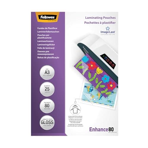Image of Fellowes A3 Laminating Pouches - Gloss Finish - 25 Sheets, 160 Micron (2 x 80) Clear & Durable Laminating Pouch with Image Last Directional Mark - Ideal for Photos and Notices