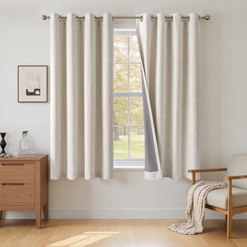 Image of INOVADAY 100% Blackout Curtains 54 Inch Drop 2 Panels, Thermal Insulated Eyelet Curtains with Coating Back Layer for Bedroom & Living Room, 46" W x 54" L, Cream