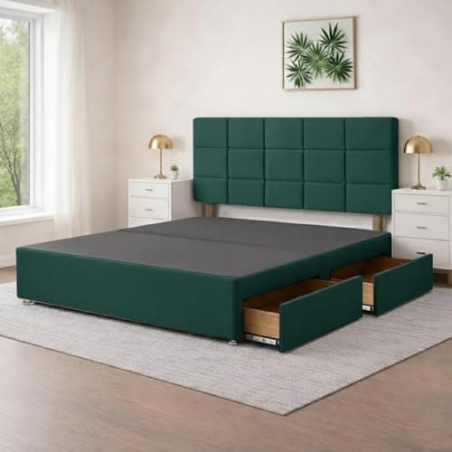 Image of 5FT Elegant Emerald Green Plush Divan King Size Bed Frame | Sleek Bed Bases with 20" Cube Headboard | Wooden Frame with 2 Storage Drawers