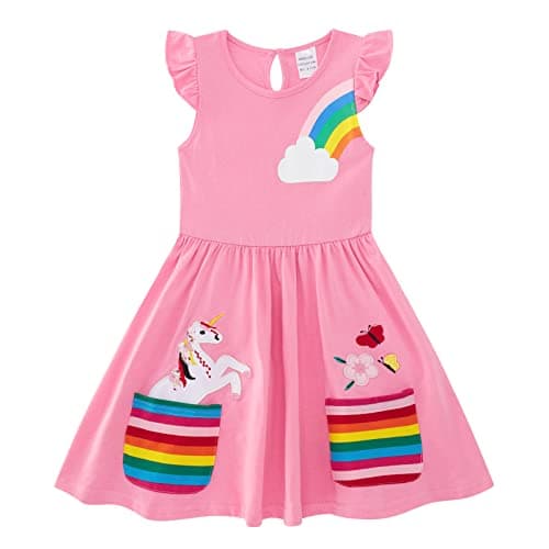 Image of SFreeBo Girls Dress 7-8 Years Pink Dress for Girls Kids Sleeveless Cotton Dress with Large Stripe Pockets Spring Summer Cute Casual Unicorn Dress