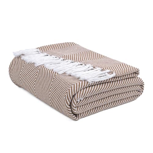 Image of EHC Herringbone Twill Throw, Handwoven Cotton Throws for Sofas Bed Sofa Settee Couch Reversible Bed Cover Over Blanket, Single 127 x 152cm, Ivory/Coffee
