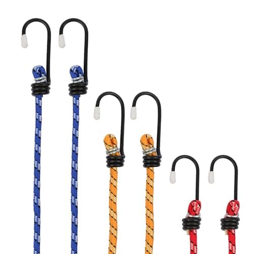 Image of Set of 6 Elastic Bungee Cord Straps - 3 Lengths, 3 Assorted Colours, Heavy Duty Ropes, For Caravan, Camping, Luggage Racks, Tents, Gardening & DIY