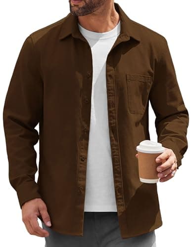 Image of COOFANDY Mens Lightweight Button Down Shirt Jacket Casual Shacket Cotton Overshirt, Brown, 4XL