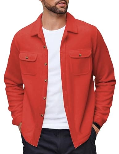 Image of COOFANDY Men's Polar Fleece Shacket Long Sleeve Casual Button Down Shirt Jacket with Pockets, Red-orange, M