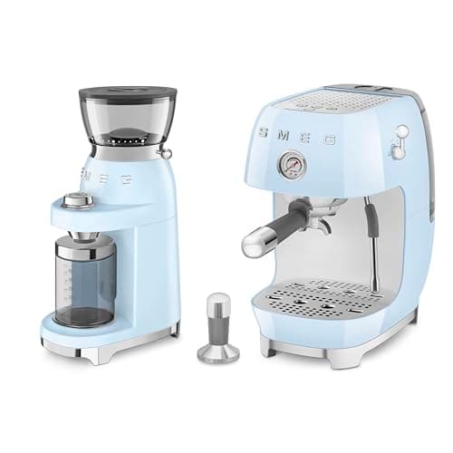 Image of Smeg 50's Style Electric Coffee Grinder and 50’s Style Espresso Coffee Machine with Cold Brew Function Pastel Blue CGF03PBUK / ECF03PBUK