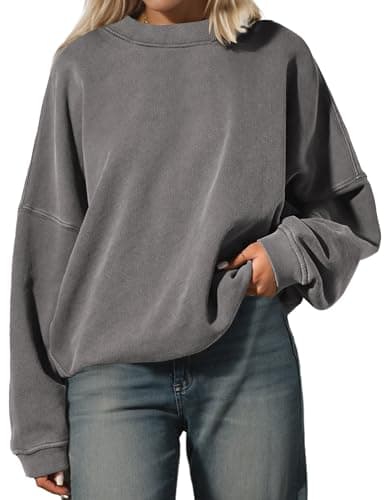 Image of MSBESYOR Women’s Oversized Sweatshirt Crewneck Pullover Top Casual Drop Shoulder Crew Neck Plain Shirt 2024 Fall Clothes, Dark Grey -01, S