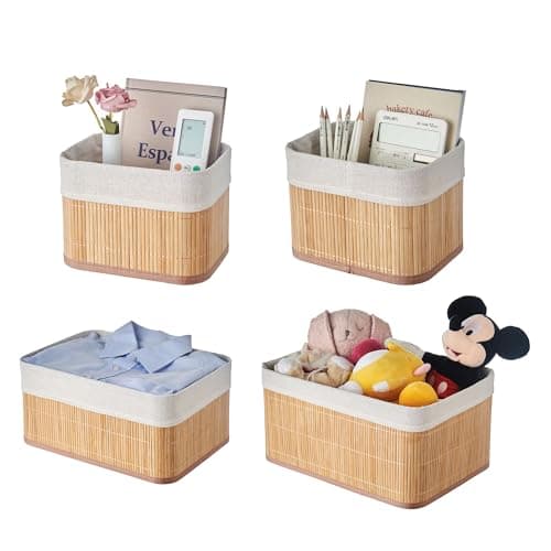 Image of Eden & Willow Set of 4 Storage Shelf Baskets with Lining, Stackable Bamboo Storage Divider Boxes for Closet Drawer & Cupboards | Organiser Bins for Cupboards (Set of 4 - Square)