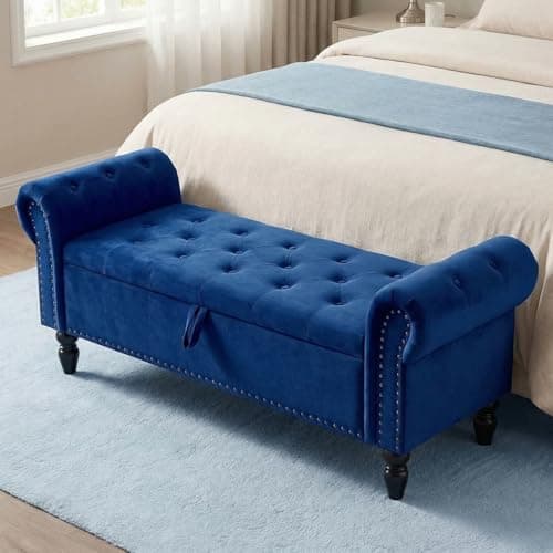 Image of Clevich Storage Bench 133cm, Velvet Fabric Storage Box, Indoor Footstool, Bed Bench, Storage Chest with Armrests for Living Room, Bedroom, Hallway, Blue