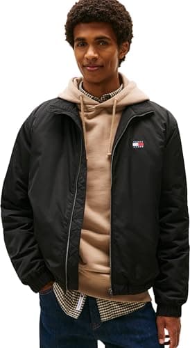 Image of Tommy Jeans Men’s Essential Padded Transitional Jacket with Stand Collar, Black (Black), XL