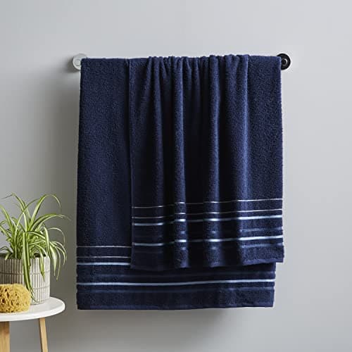 Image of Catherine Lansfield Bathroom Java Stripe 450 gsm Soft & Absorbent Cotton Bath Sheet Pair Navy