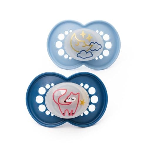 Image of MAM Original Night Soothers | 6-18 Months | 2 Pack | Glow in the Dark Dummies | Comes in Dummy Steriliser Case | Sustainable Materials | Baby Accessories | Blue (Various Designs)