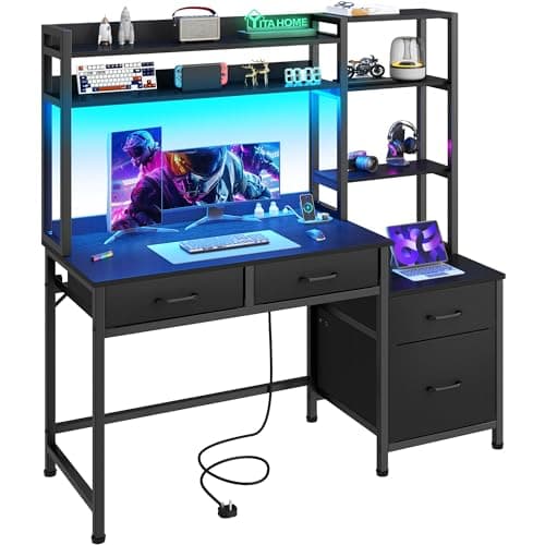 Image of YITAHOME Computer Desk with Drawers, Home Office Corner Computer Table Storages & Shelves, Gaming Desks Workstations with LED Lights & Power Outlets, Study Table Corner Desk with File Drawer, Black
