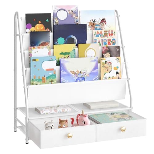 Image of MAHANCRIS Kids Bookshelf, 4 Tier Bookcase with 2 Fabric Drawers, Storage Nursery Book Shelf and Toy Organizer for Kids, Living Room, Study Room, White ABKBW7401