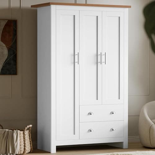 Image of Blisswood 3 Door Wardrobe, MDF Wooden Bedroom Wardrobe with Hanging Rail, Modern Large Storage Cupboard Organiser with 4 Shelves and 2 Drawers, Triple Wardrobe for Bedroom Furniture (White & Oak)