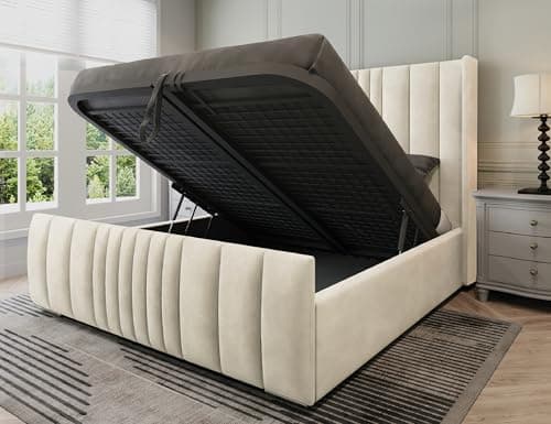 Image of Furnishion Manhattan Ottoman Bed Double 4ft6, Plush Velvet Gas Lift Double Beds Frame with Storage, Luxury Frame with Headboard, Space Saving Ottoman Bed for Stylish Bedrooms in Cream Plush
