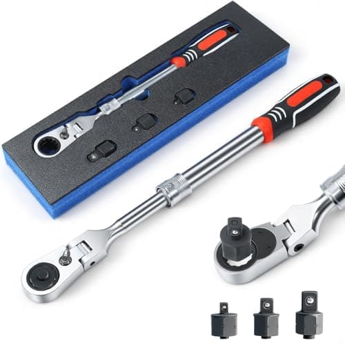 Image of Wakuka Extendable Ratchet Wrench Set, 72-Tooth Long Socket Wrench Ratchet with 1/4" 3/8" 1/2" Socket Drive Adapat, 180° Flex-Head Ratcheting Set with Soft Grip Handle for Men Mechanic Hand Tools