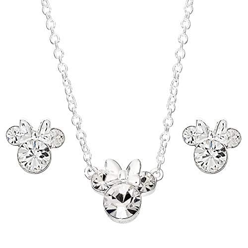 Image of Disney Minnie Mouse Crystal Necklace and Stud Earrings and Set, Mickey's 90th Birthday Anniversary; Silver Plated Jewelry for Women