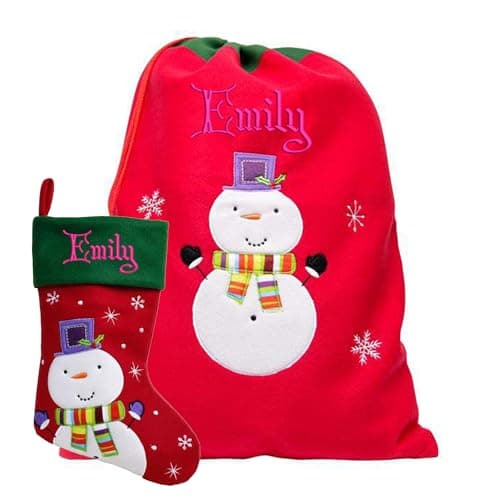 Image of Personalised Christmas Sack & Stocking Matching Set Snowman Red & Green Xmas Sacks & Stockings Gift Christmas Decoration Large Jumbo Sack & Stocking Embroidered with Name (Snowman)