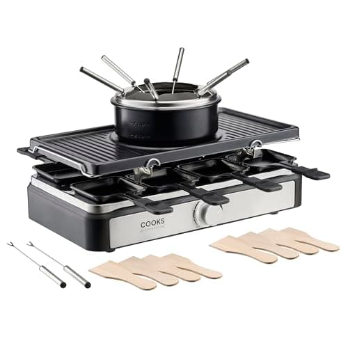 Image of Cooks Professional Electric Raclette Grill & Fondue Set 1400w with Non-Stick Metal Grill Plate, 1L Pot, Mini Pans, Wooden Spatulas, Forks & Adjustable Thermostat for Parties & Group Dining | 8 Person