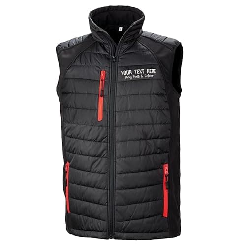 Image of Purple Print House Custom Embroidered Work Padded Gilet for Men | Personalised Lightweight Body Warmer with Embroidery Text | Staff Uniform or Outdoor Layer | Add Your Business Name, XL, Black/Red