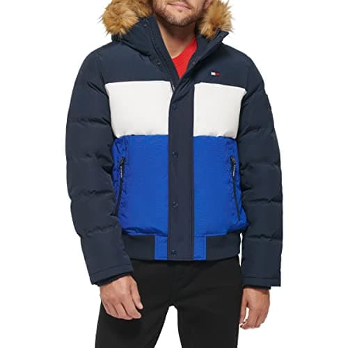 Image of Tommy Hilfiger Men's Quilted Arctic Cloth Snap Front Snorkel Bomber Jacket Parka, Blue Color Block, L