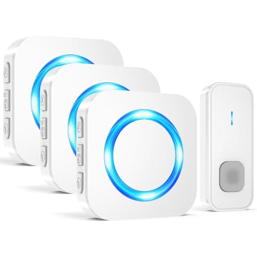Image of SURFOU Wireless Doorbell, Waterproof Cordless Remote Door Bells Chime Battery Operated Over 1300ft Range Doorbells Kit with 1 Push Button 3 Plug-in Receivers, 55 Ringtones 5 Volume LED Flash, White